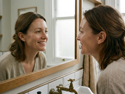 woman looking in mirror