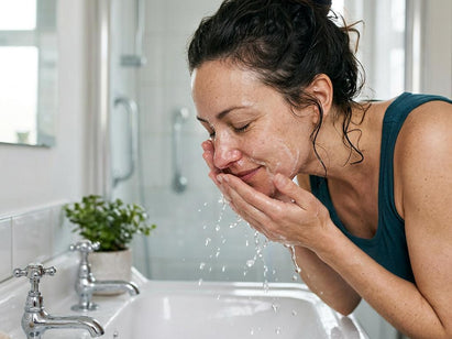 woman washing face at sink