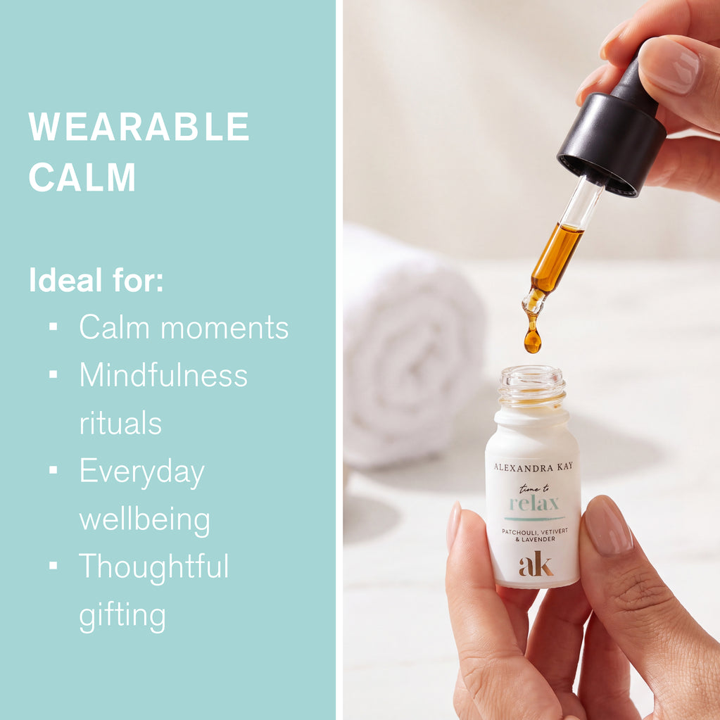 Green People Alexandra Kay Time to Relax oil dropper and bottle with text: Wearable Calm for mindfulness and wellbeing.