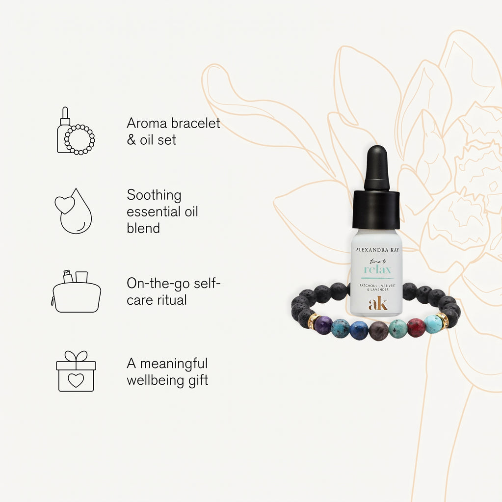 Green People Time to Relax aroma bracelet & soothing essential oil set for an on-the-go self-care wellbeing ritual.
