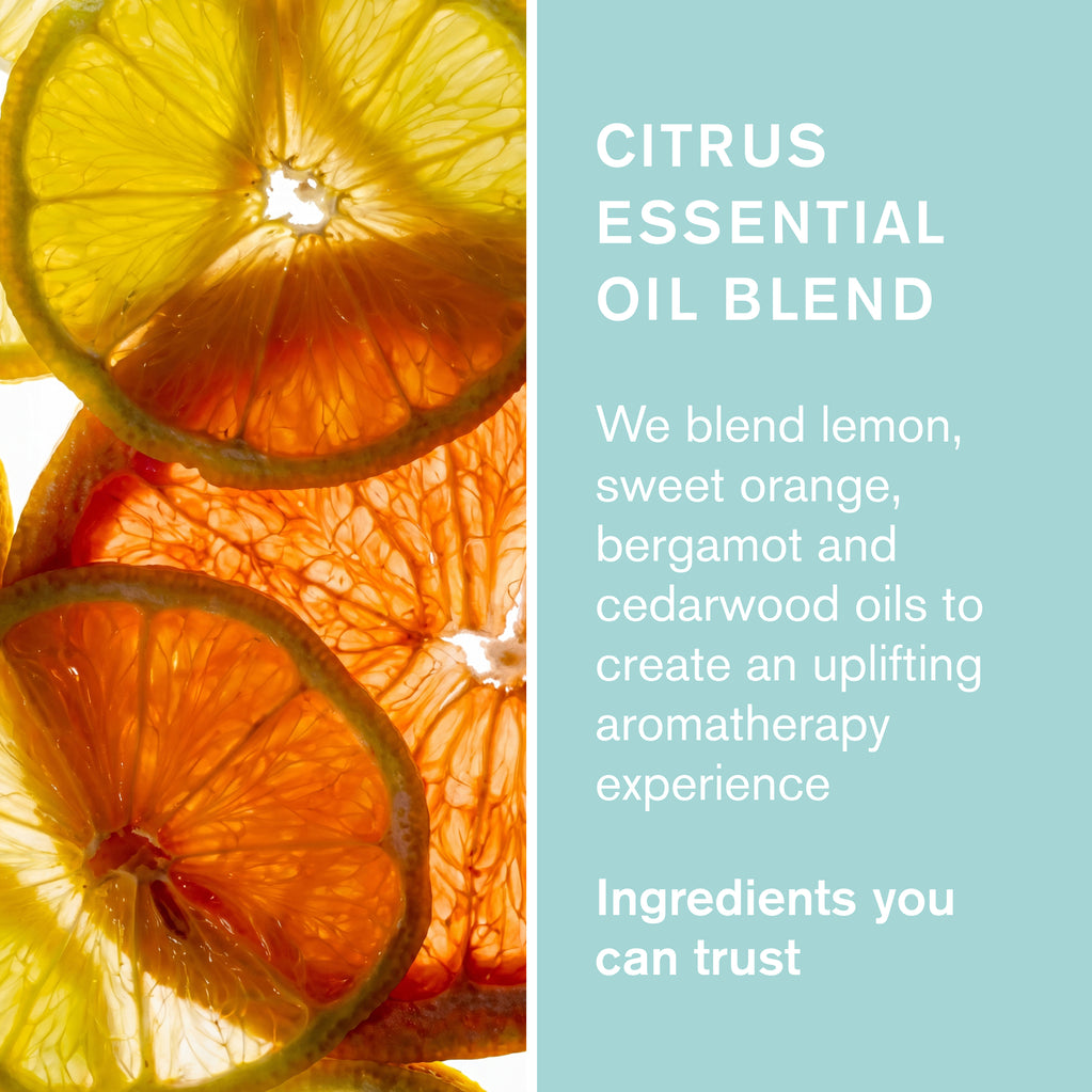 Green People citrus slices and text: uplifting essential oil blend of lemon, sweet orange, bergamot and cedarwood.