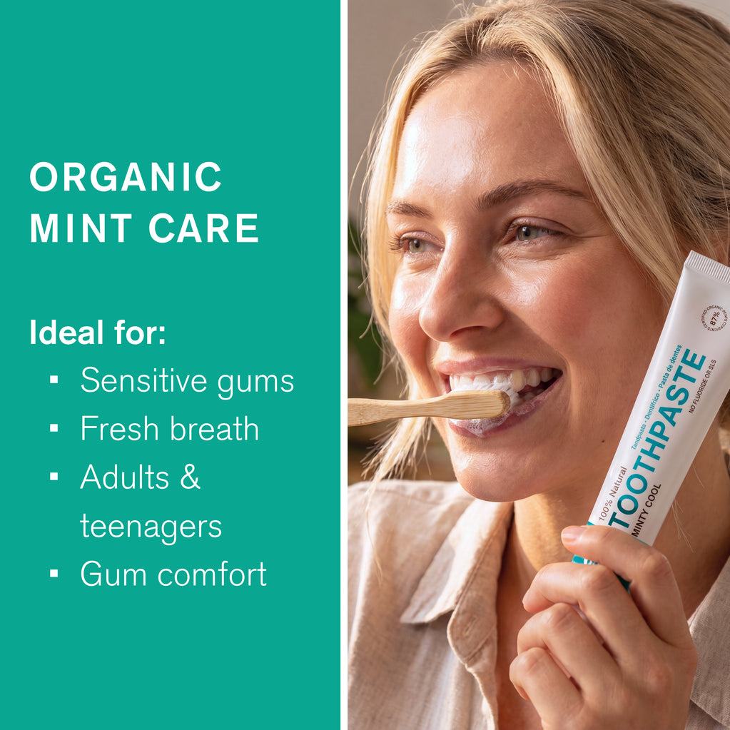 Smiling woman brushing her teeth and holding Minty Cool Toothpaste, beside bullet points about organic mint oral care.