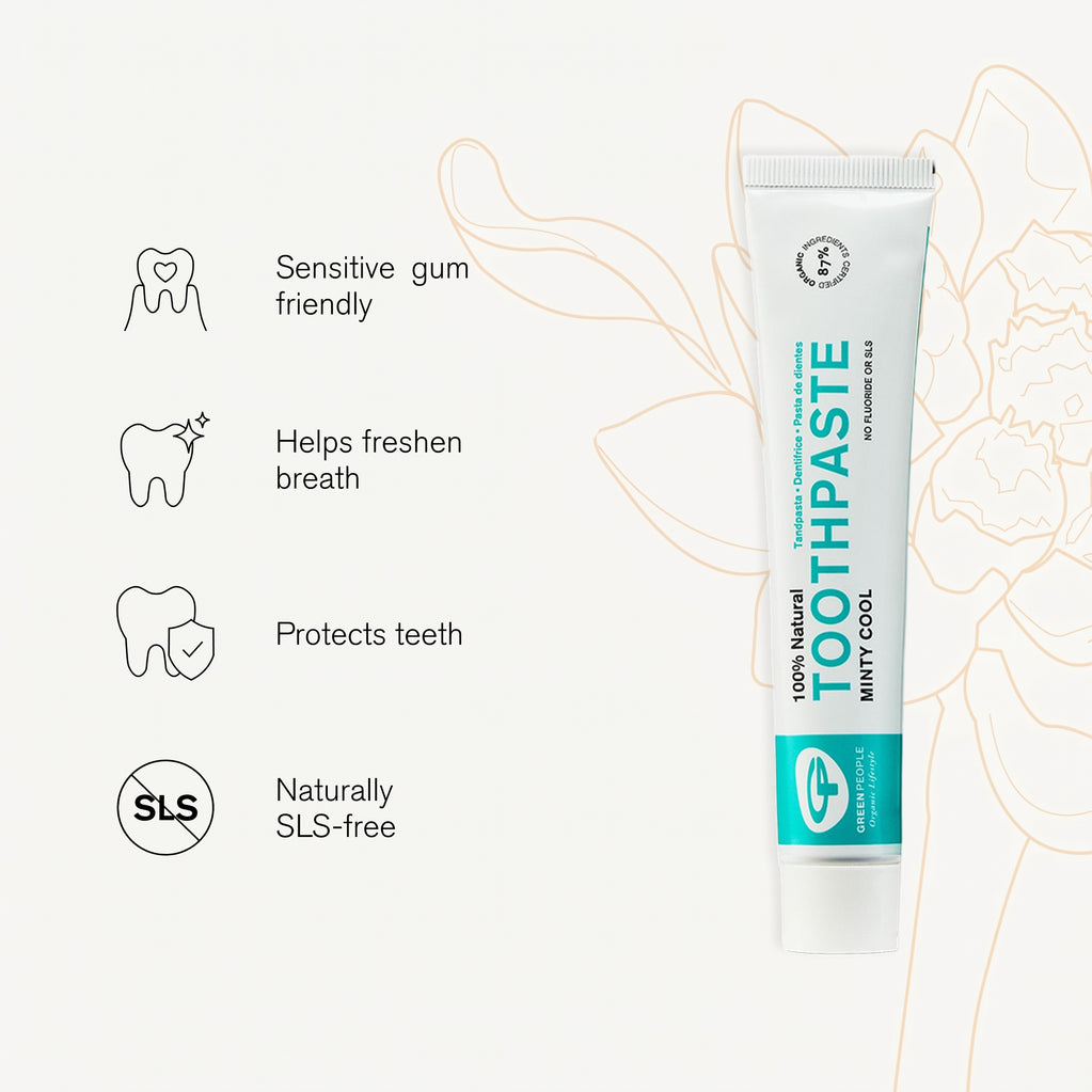 Minty Cool Toothpaste tube beside icons for sensitive gums, fresh breath, protecting teeth and an SLS-free formula.