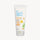 White tube of sun cream with blue and orange text, yellow star, and green leaf character, angled forward. image