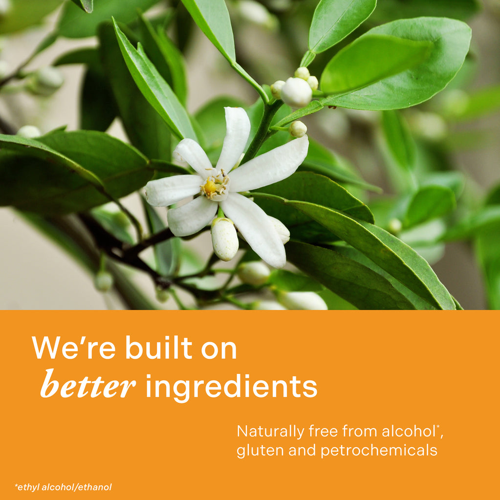 White citrus blossom with green leaves representing natural ingredients in Age Defy+ Collagen Boost Vitamin C Serum.